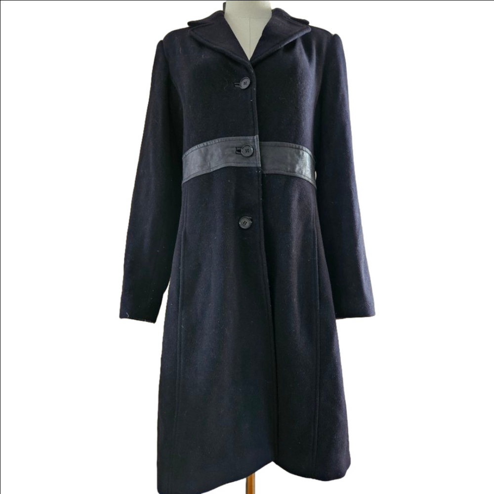 Andrew Marc New York Black Wool/Cashmere Leather Trim Button Down Peacoat-Size 8